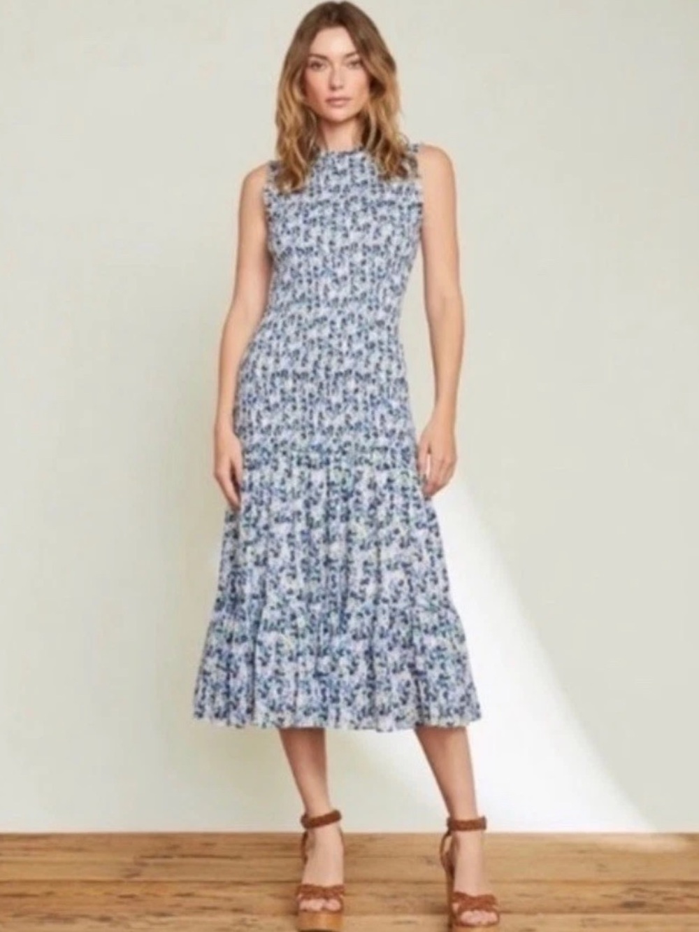 Veronica Beard Verena Smocked 100% Cotton Floral Midi Dress Blue Size 8